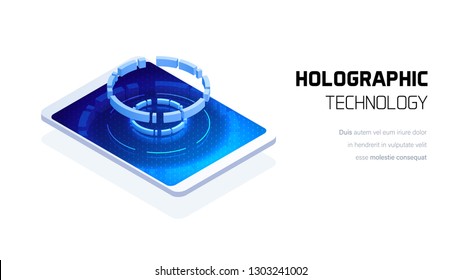 Holographic 3d technology concept, innovative security system, mobile business app, futuristic sci fi isometric illustration 