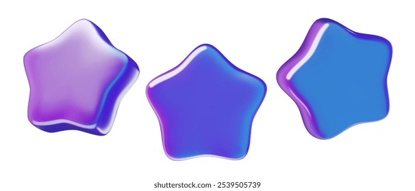 Estrelas vetoriais holográficas 3d definidas. Neon colorido roxo e azul y2k elementos de estilo futurista isolados no fundo branco.