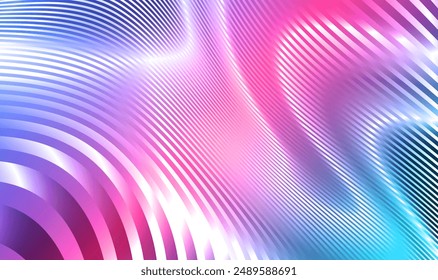 Holographic 3D waves stripes pattern. Metallic abstract wavy stripes background. Colorful striped abstract waves shiny background. Modern design for banner, flyer, card, cover. Premium Vector EPS10.