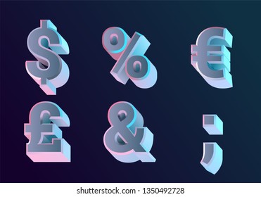 Holographic 3D Western Serif Alphabet Font ampersand percent dollar euro pound currency symbols