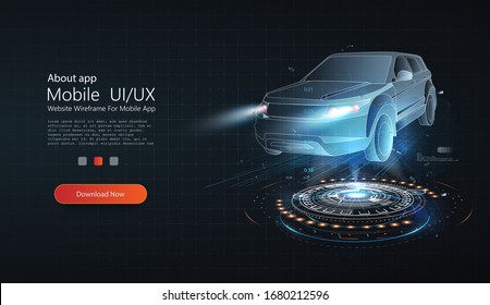 Holographic 3D Wireframe Car Model Rotating In Black Virtual Space. Smart Car Isometric Banner. Abstract Project Of A Smart, Intelligent Car. Hologram Auto, Futuristic Model Auto.Automotive Technology