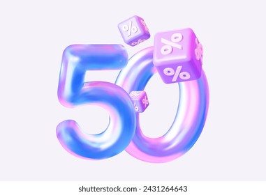 Holographic 50% discount symbol with flying cubes as a percentage. 3D Vector illustration. 