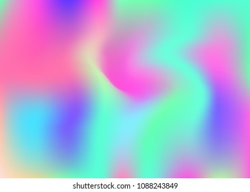 Holographic abstract background. Bright holographic backdrop with gradient mesh. 90s, 80s retro style. Iridescent graphic template for brochure, banner, wallpaper, mobile screen.