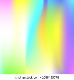 Holographic abstract background. Bright holographic backdrop with gradient mesh. 90s, 80s retro style. Iridescent graphic template for brochure, flyer, poster design, wallpaper, mobile screen.