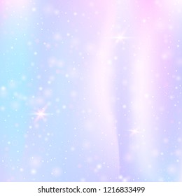 Holographic abstract background. Colorful holographic backdrop with gradient mesh. 90s, 80s retro style. Pearlescent graphic template for brochure, flyer, poster design, wallpaper, mobile screen.