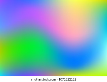 Holographic abstract background. Liquid holographic backdrop with gradient mesh. 90s, 80s retro style. Iridescent graphic template for brochure, flyer, poster design, wallpaper, mobile screen.