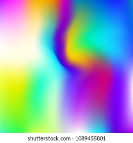 Holographic abstract background. Liquid holographic backdrop with gradient mesh. 90s, 80s retro style. Iridescent graphic template for banner, flyer, cover design, mobile interface, web app.