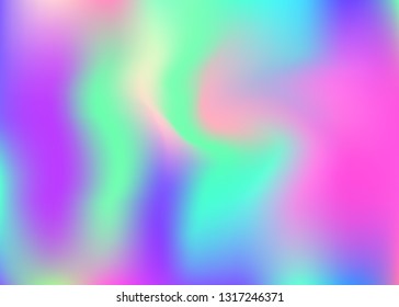 Holographic abstract background. Liquid holographic backdrop with gradient mesh. 90s, 80s retro style. Pearlescent graphic template for placard, presentation, banner, brochure.