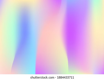 Holographic abstract background. Liquid holographic backdrop with gradient mesh. 90s, 80s retro style. Pearlescent graphic template for brochure, flyer, poster design, wallpaper, mobile screen.