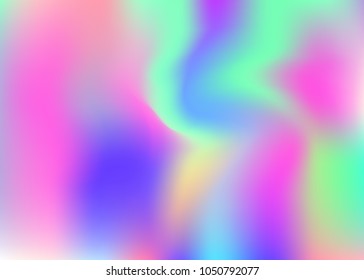 Holographic abstract background. Multicolor holographic backdrop with gradient mesh. 90s, 80s retro style. Pearlescent graphic template for brochure, flyer, poster design, wallpaper, mobile screen.