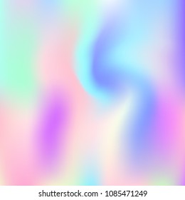 Holographic abstract background. Multicolor holographic backdrop with gradient mesh. 90s, 80s retro style. Iridescent graphic template for brochure, flyer, poster design, wallpaper, mobile screen.