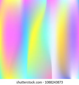 Holographic abstract background. Multicolor holographic backdrop with gradient mesh. 90s, 80s retro style. Pearlescent graphic template for brochure, flyer, poster design, wallpaper, mobile screen.