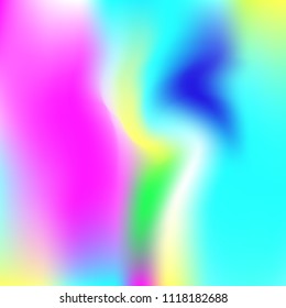 Holographic abstract background. Multicolor holographic backdrop with gradient mesh. 90s, 80s retro style. Iridescent graphic template for brochure, flyer, poster design, wallpaper, mobile screen.