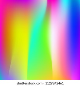 Holographic abstract background. Multicolor holographic backdrop with gradient mesh. 90s, 80s retro style. Pearlescent graphic template for brochure, flyer, poster design, wallpaper, mobile screen.