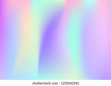 Holographic abstract background. Multicolor holographic backdrop with gradient mesh. 90s, 80s retro style. Iridescent graphic template for brochure, banner, wallpaper, mobile screen.