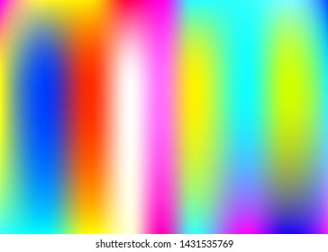 Holographic abstract background. Plastic holographic backdrop with gradient mesh. 90s, 80s retro style. Iridescent graphic template for brochure, flyer, poster design, wallpaper, mobile screen.