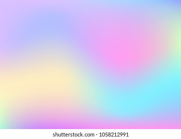 Holographic abstract background. Rainbow holographic backdrop with gradient mesh. 90s, 80s retro style. Pearlescent graphic template for brochure, banner, wallpaper, mobile screen.