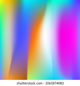 Holographic abstract background. Rainbow holographic backdrop with gradient mesh. 90s, 80s retro style. Iridescent graphic template for banner, flyer, cover design, mobile interface, web app.