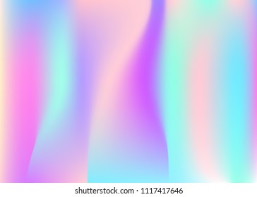 Holographic abstract background. Rainbow holographic backdrop with gradient mesh. 90s, 80s retro style. Pearlescent graphic template for brochure, flyer, poster design, wallpaper, mobile screen.