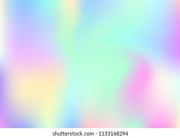 Holographic abstract background. Rainbow holographic backdrop with gradient mesh. 90s, 80s retro style. Iridescent graphic template for banner, flyer, cover design, mobile interface, web app.