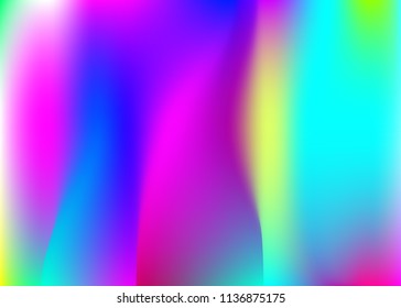 Holographic abstract background. Rainbow holographic backdrop with gradient mesh. 90s, 80s retro style. Pearlescent graphic template for brochure, banner, wallpaper, mobile screen.