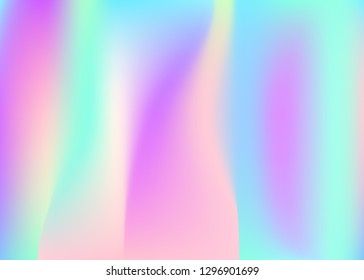 Holographic abstract background. Rainbow holographic backdrop with gradient mesh. 90s, 80s retro style. Pearlescent graphic template for placard, presentation, banner, brochure.