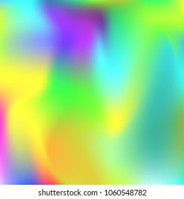 Holographic abstract background. Spectrum holographic backdrop with gradient mesh. 90s, 80s retro style. Iridescent graphic template for brochure, flyer, poster design, wallpaper, mobile screen.