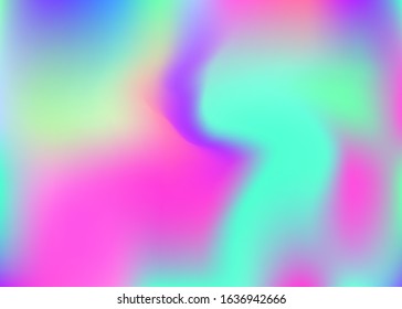 Holographic abstract background. Spectrum holographic backdrop with gradient mesh. 90s, 80s retro style. Pearlescent graphic template for brochure, banner, wallpaper, mobile screen.