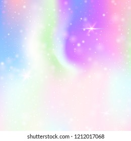 Holographic abstract background. Stylish holographic backdrop with gradient mesh. 90s, 80s retro style. Pearlescent graphic template for banner, flyer, cover design, mobile interface, web app.
