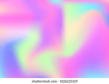 Holographic abstract background. Trendy holographic backdrop with gradient mesh. 90s, 80s retro style. Pearlescent graphic template for banner, flyer, cover design, mobile interface, web app.