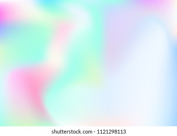 Holographic abstract background. Trendy holographic backdrop with gradient mesh. 90s, 80s retro style. Pearlescent graphic template for brochure, flyer, poster design, wallpaper, mobile screen.