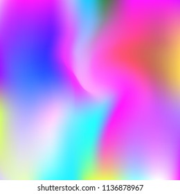 Holographic abstract background. Trendy holographic backdrop with gradient mesh. 90s, 80s retro style. Iridescent graphic template for banner, flyer, cover design, mobile interface, web app.