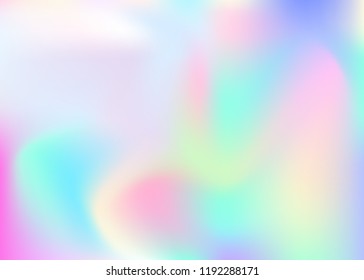 Holographic abstract background. Trendy holographic backdrop with gradient mesh. 90s, 80s retro style. Pearlescent graphic template for placard, presentation, banner, brochure.