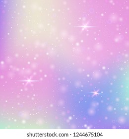 Holographic abstract background. Trendy holographic backdrop with gradient mesh. 90s, 80s retro style. Iridescent graphic template for brochure, flyer, poster design, wallpaper, mobile screen.