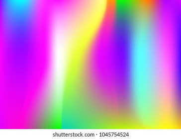 Holographic abstract background. Vibrant holographic backdrop with gradient mesh. 90s, 80s retro style. Pearlescent graphic template for placard, presentation, banner, brochure.