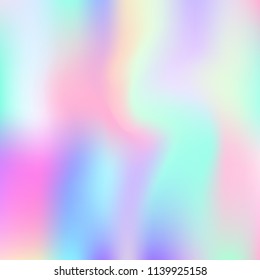 Holographic abstract background. Vibrant holographic backdrop with gradient mesh. 90s, 80s retro style. Pearlescent graphic template for brochure, flyer, poster design, wallpaper, mobile screen.