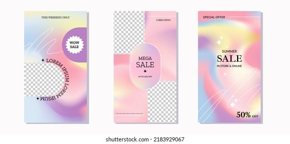 Holographic abstract backgrounds in pastel colors. Design for banner, poster, social media story. Used for discounts and promotional offers. Vector illustration.