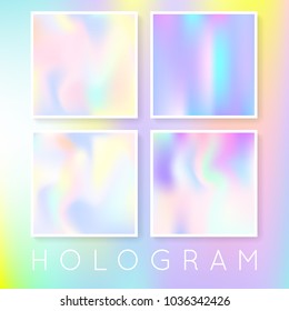 Holographic abstract backgrounds set. Colorful holographic backdrop with gradient mesh. 90s, 80s retro style. Pearlescent graphic template for banner, flyer, cover, mobile interface, web app.