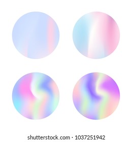 Holographic abstract backgrounds set. Colorful holographic backdrop with gradient mesh. 90s, 80s retro style. Pearlescent graphic template for banner, flyer, cover, mobile interface, web app.