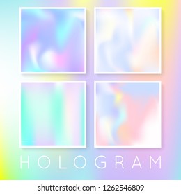 Holographic abstract backgrounds set. Colorful holographic backdrop with gradient mesh. 90s, 80s retro style. Pearlescent graphic template for brochure, flyer, poster, wallpaper, mobile screen.