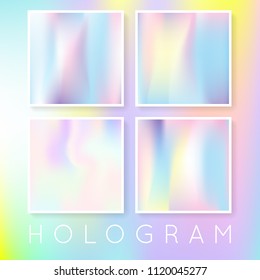 Holographic abstract backgrounds set. Futuristic holographic backdrop with gradient mesh. 90s, 80s retro style. Iridescent graphic template for banner, flyer, cover, mobile interface, web app.