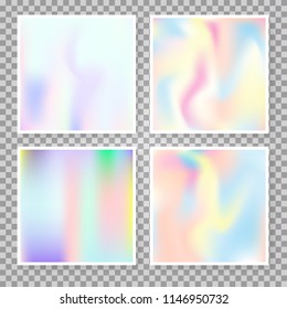 Holographic abstract backgrounds set. Futuristic holographic backdrop with gradient mesh. 90s, 80s retro style. Pearlescent graphic template for brochure, flyer, poster, wallpaper, mobile screen.