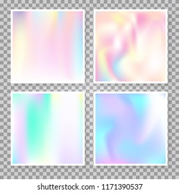 Holographic abstract backgrounds set. Futuristic holographic backdrop with gradient mesh. 90s, 80s retro style. Pearlescent graphic template for banner, flyer, cover, mobile interface, web app.