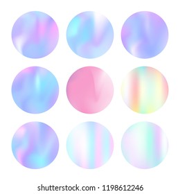 Holographic abstract backgrounds set. Futuristic holographic backdrop with gradient mesh. 90s, 80s retro style. Pearlescent graphic template for banner, flyer, cover, mobile interface, web app.