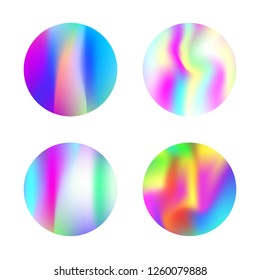 Holographic abstract backgrounds set. Futuristic holographic backdrop with gradient mesh. 90s, 80s retro style. Pearlescent graphic template for banner, flyer, cover, mobile interface, web app.