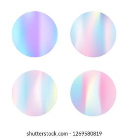 Holographic abstract backgrounds set. Futuristic holographic backdrop with gradient mesh. 90s, 80s retro style. Pearlescent graphic template for banner, flyer, cover, mobile interface, web app.