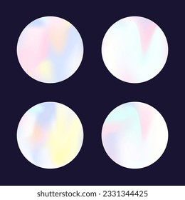 Holographic abstract backgrounds set. Gradient hologram. Fluorescent holographic backdrop. Minimalistic 90s, 80s retro style graphic template for placard, presentation, banner, brochure.
