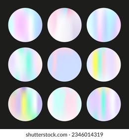 Holographic abstract backgrounds set. Gradient hologram. Plastic holographic backdrop. Minimalistic 90s, 80s retro style graphic template for book, annual, mobile interface, web app.