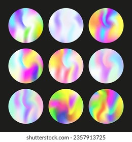 Holographic abstract backgrounds set. Gradient hologram. Creative holographic backdrop. Minimalistic 90s, 80s retro style graphic template for brochure, banner, wallpaper, mobile screen.