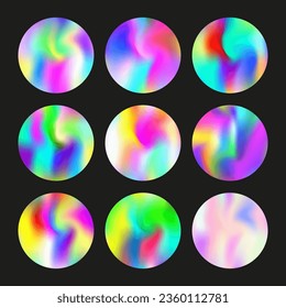 Holographic abstract backgrounds set. Gradient hologram. Multicolor holographic backdrop. Minimalistic 90s, 80s retro style graphic template for flyer, poster, banner, mobile app.